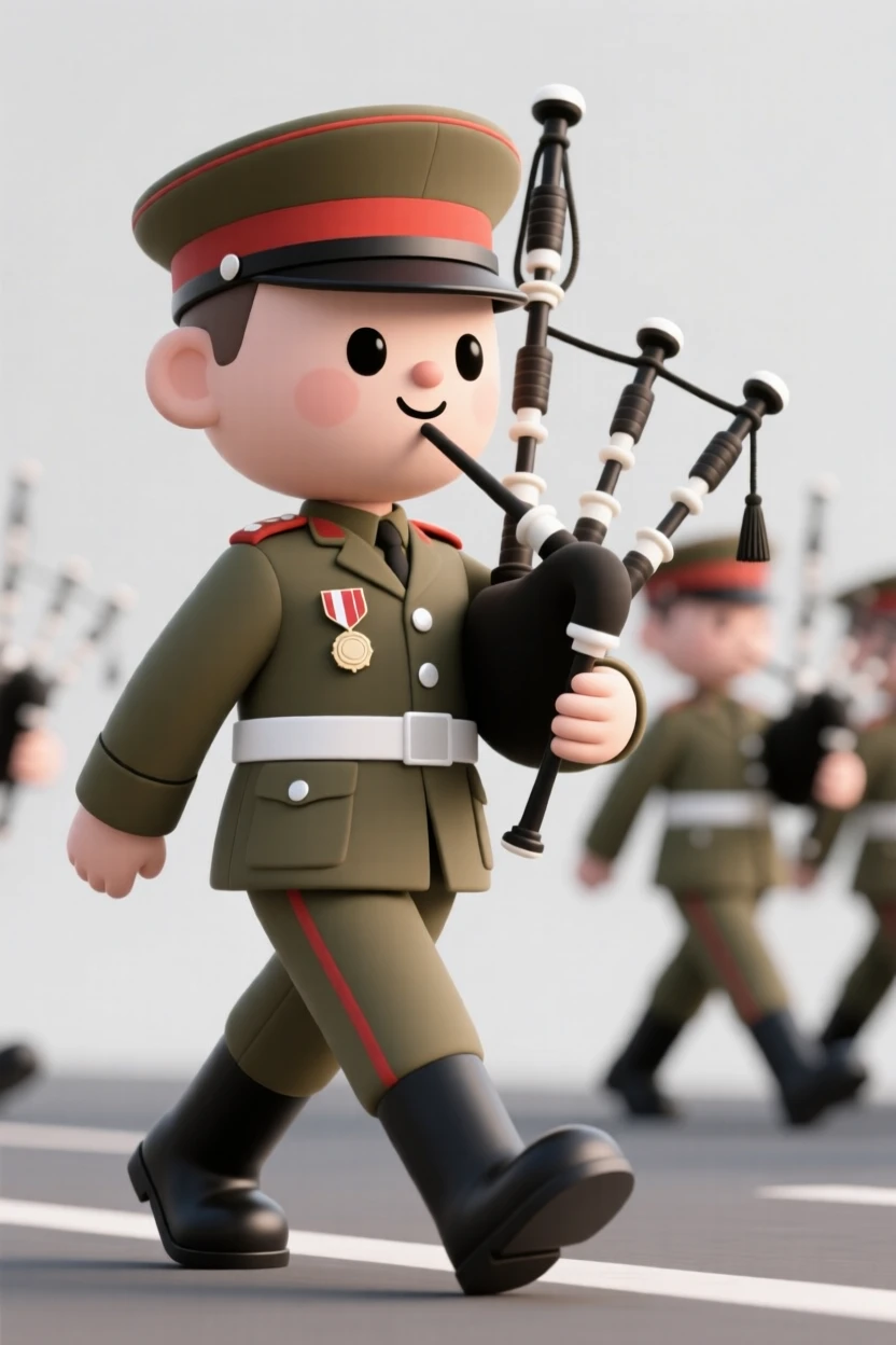 A proud bagpipe-playing soldier marches in a ceremonial parade, medals gleaming on a crisp dress uniform.