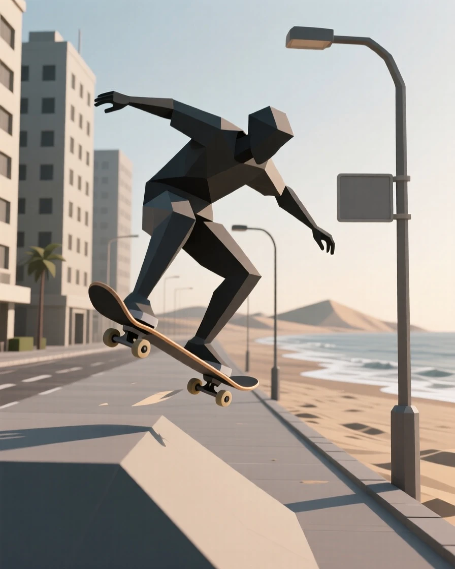 A skateboarder mid-trick against an urban backdrop, on a windswept beach at dawn. natural light enhances the authenticity of the scene. It captures a feeling of quiet triumph.