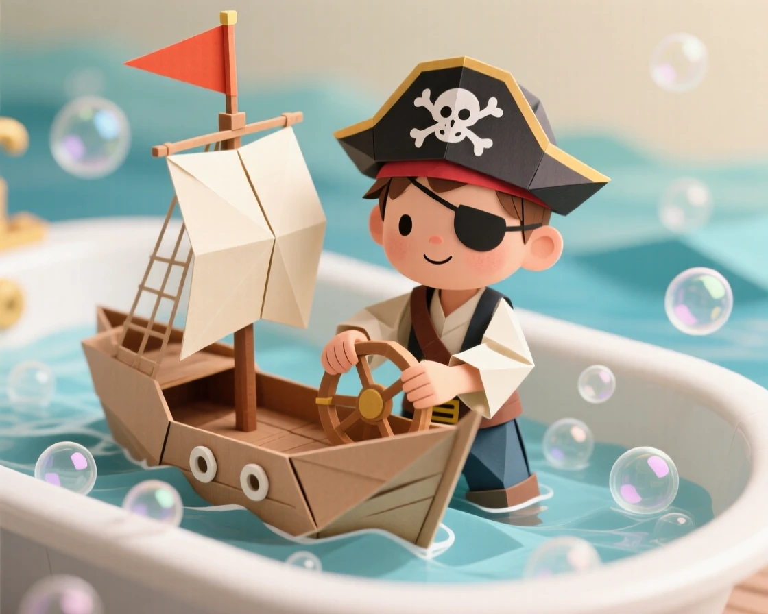 A pirate child steering a toy ship through a bathtub sea of bubbles, tiny flag flying from the mast.