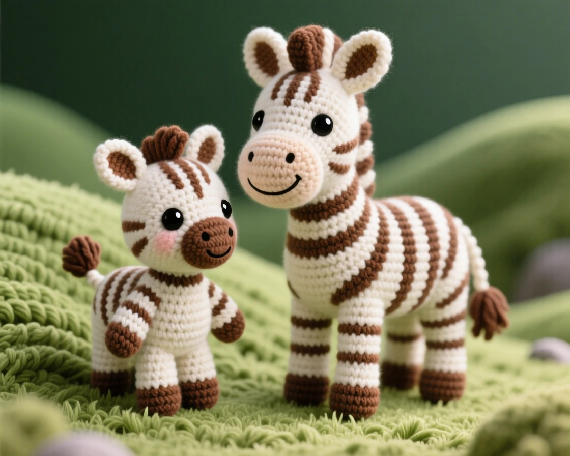 a baby zebra foal with soft brown-and-white stripes is shown standing close beside its mother within a soft grassy hill overlooking a valley, accompanied by a few pebbles stacked in a small pile, capturing a serene, storybook stillness.