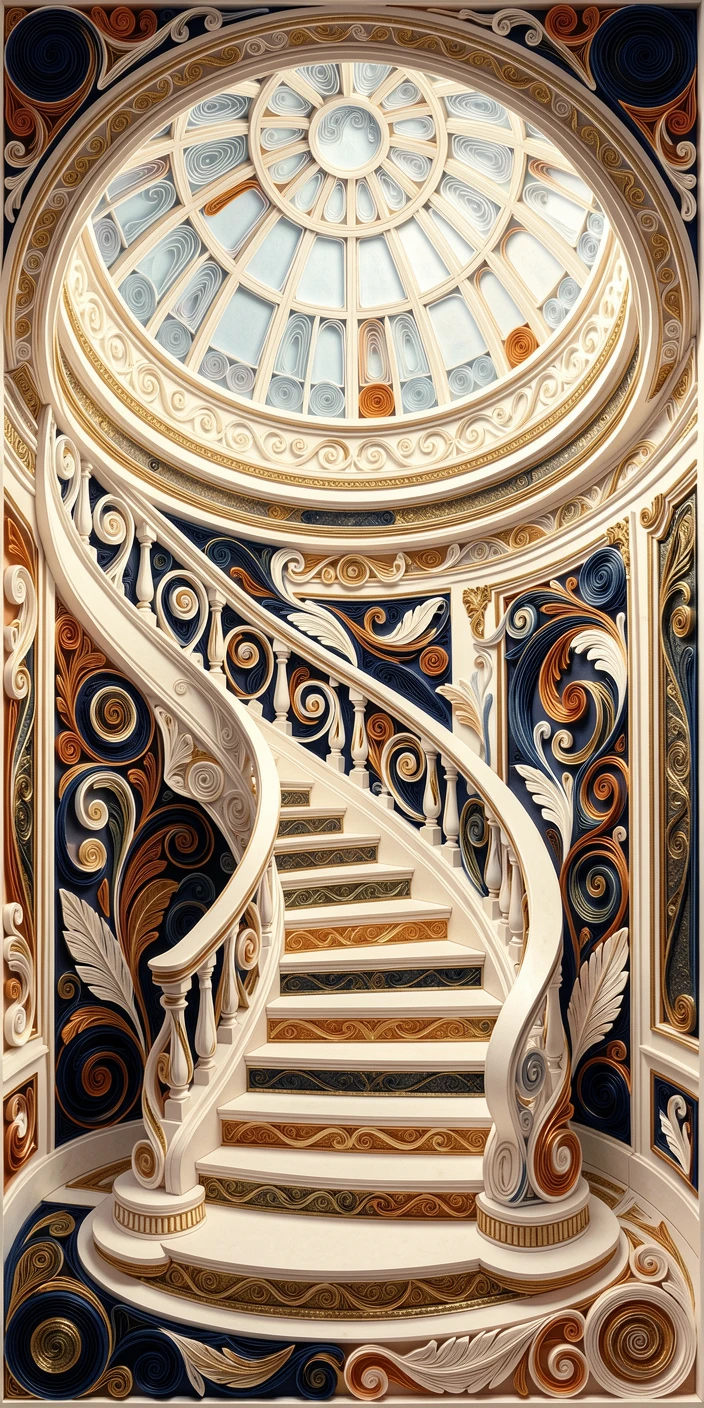 A sophisticated luxury scene of a grand staircase spiraling beneath a domed skylight in a sophisticated penthouse suite, with a subtle metallic gold shimmer, arranged with elegant symmetry and balance.