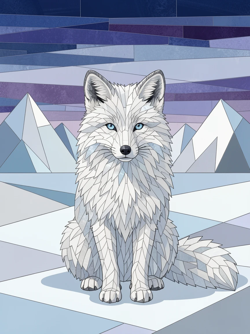 An arctic fox with thick white fur in a snowy landscape.