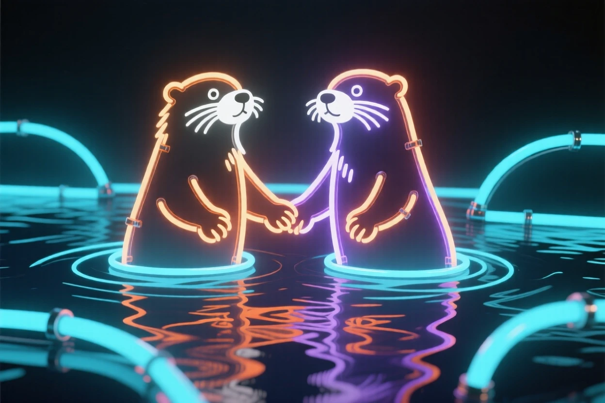 A pair of otters holding hands while floating in a calm river.