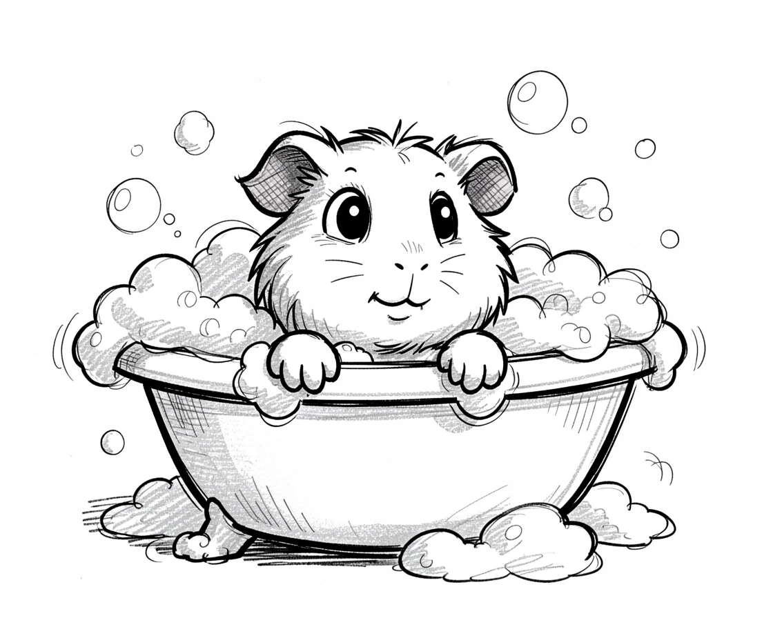 A guinea pig peeking over the edge of a bathtub full of bubbles.