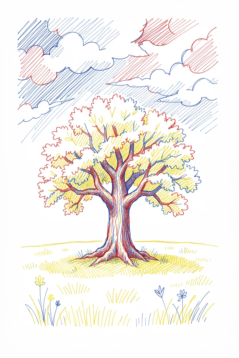 A quiet meadow with a single ancient oak tree standing alone against a stormy sky