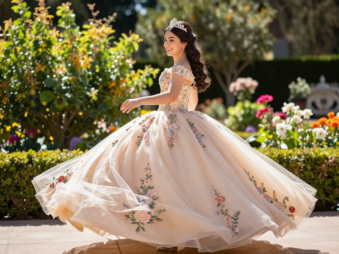 A quinceañera twirling in an elaborate gown