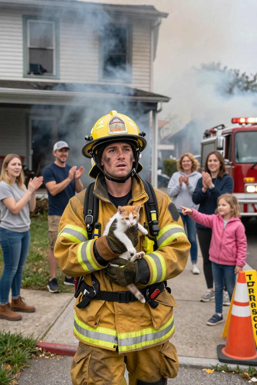 A firefighter carries a rescued kitten out of a smoky building to cheering onlookers.