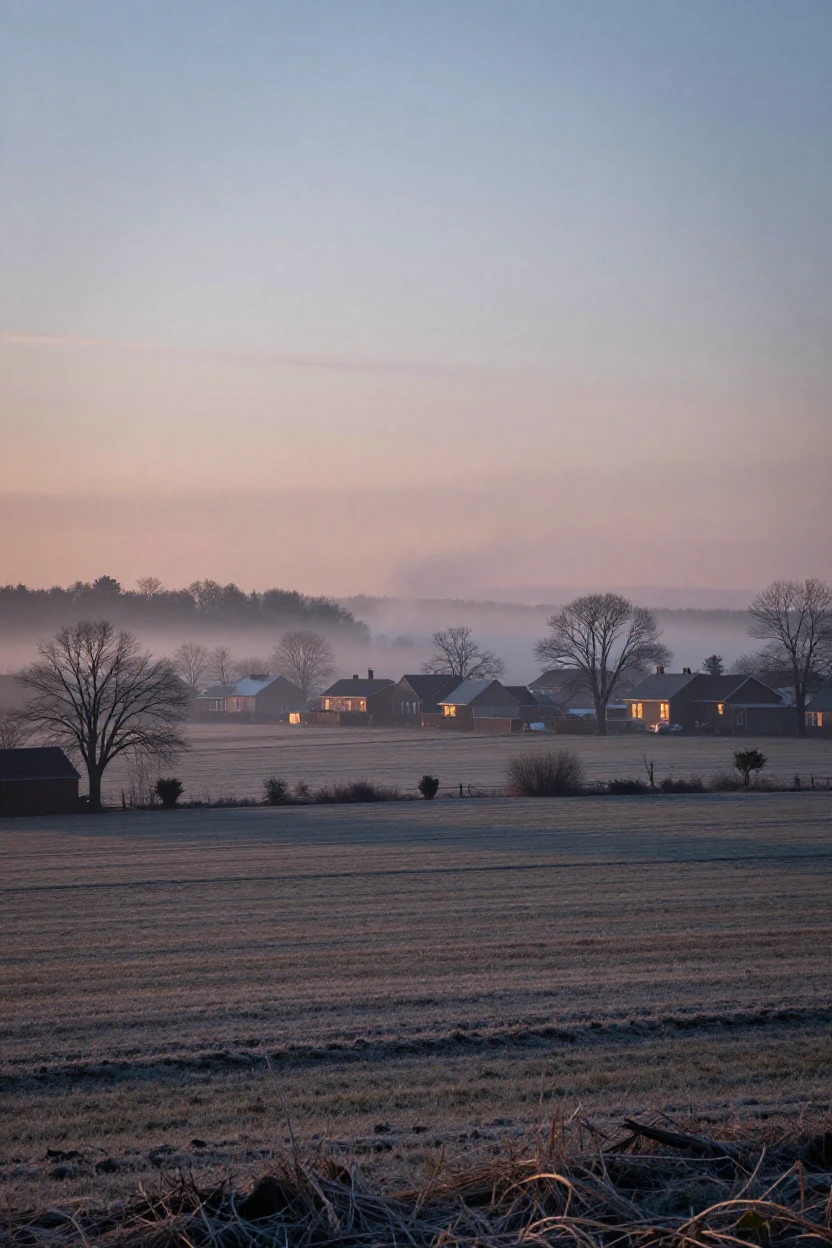 A stretch of open farmland bathed in the pale light of a winter dawn as the town slowly wakes