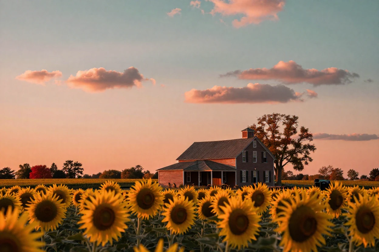 A farmhouse surrounded by fields of blooming sunflowers, under a glowing sunset sky, under scattered clouds, as autumn leaves turn gold and red, in vivid coral and turquoise hues, captured from a low angle looking up.