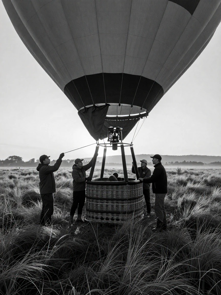A hot air balloon crew prepares for a dawn launch across an open meadow.