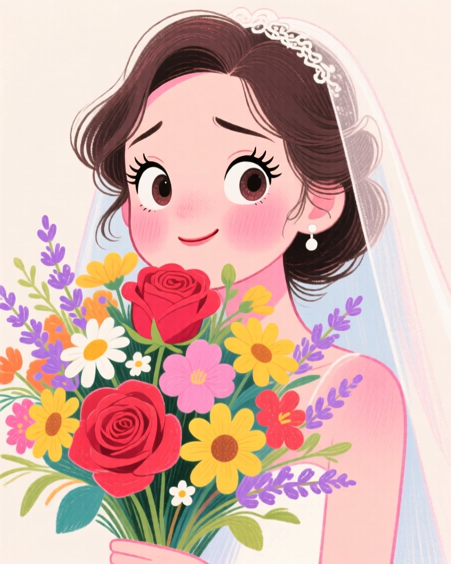 A shy bride peeking out from behind a bouquet of flowers, cheeks blushing pink.