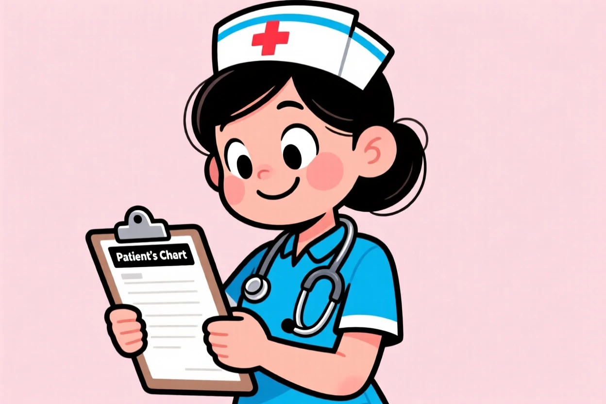 A vibrant profession-themed portrait of a dedicated nurse checking a patient's chart with a warm reassuring smile, stethoscope draped around her neck.