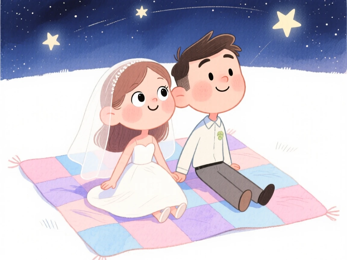Newlyweds stargazing side by side on a picnic blanket