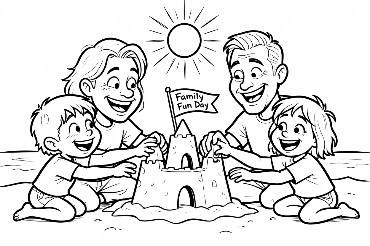 [Family & Relationship Moments] Heartwarming scene of a family building a sandcastle together on a sunny beach, radiating love and warmth
