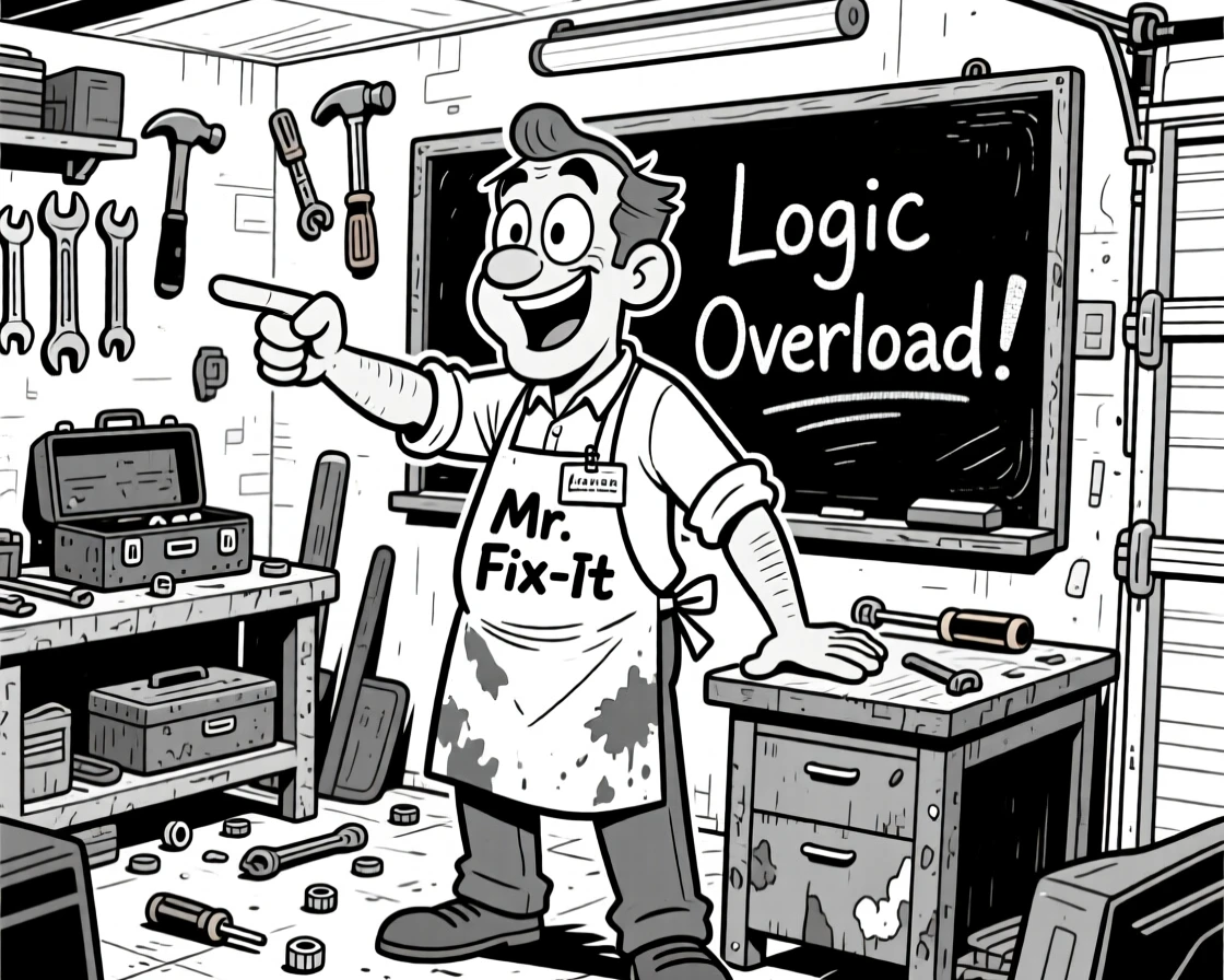 A passionate teacher pointing at a chalkboard, pounding a fist on a desk mid-closing-argument, set in a garage full of scattered tools. A name tag hangs crookedly from a stained apron. There's pride and humor woven into the moment.