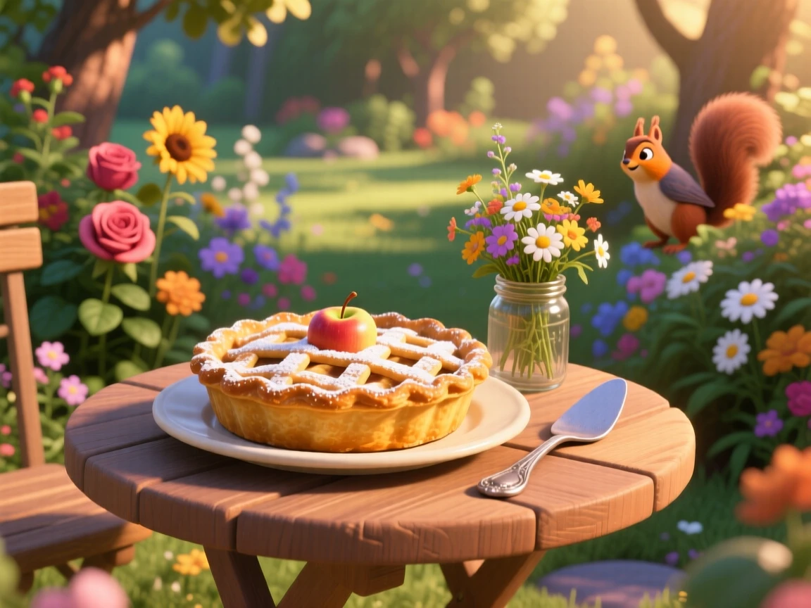 A golden-crusted apple pie sits at a small table overlooking a garden, with a light dusting of powdered sugar. The mood is festive and appetizing.