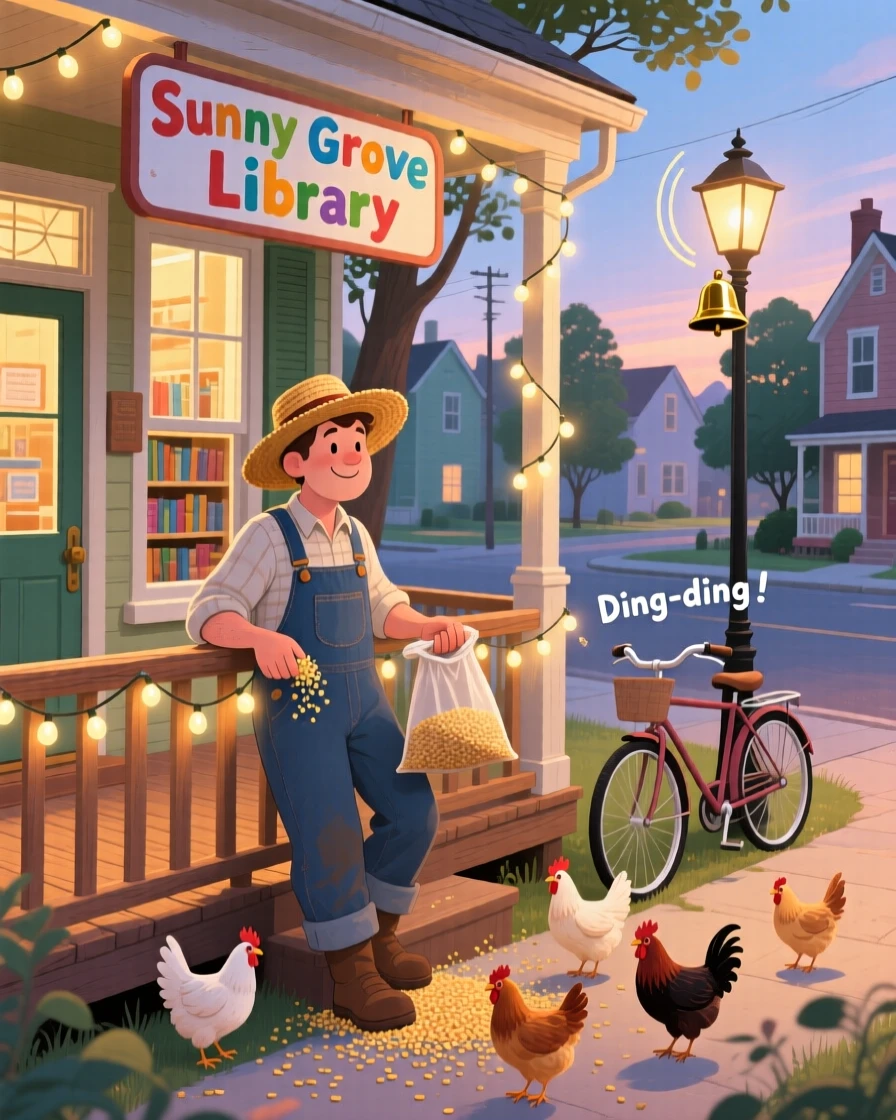 A farmer feeding chickens pauses while hanging fairy lights along a porch railing in a quiet neighborhood library, as bicycle bells chime somewhere nearby.