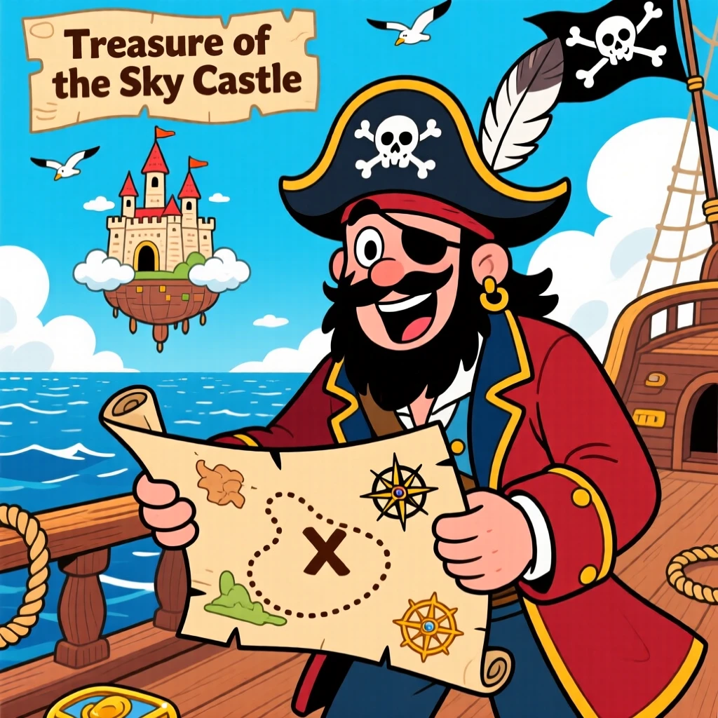 A pirate captain finding a map that leads to a floating castle.