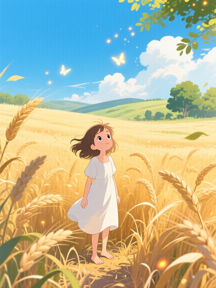 A summer scene of a golden wheat field swaying under a bright blue sky, with a gentle breeze stirring the scene.