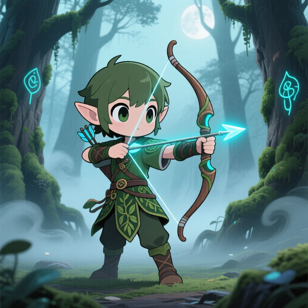 Full-body shot of an elf archer, nocking a glowing arrow with focused calm, in an ancient enchanted forest, on a misty foggy morning, illuminated by soft moonlight, radiating wide-eyed wonder.