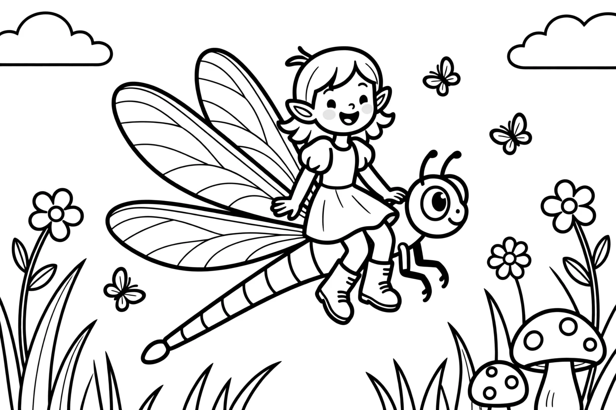A pixie riding on the back of a friendly dragonfly