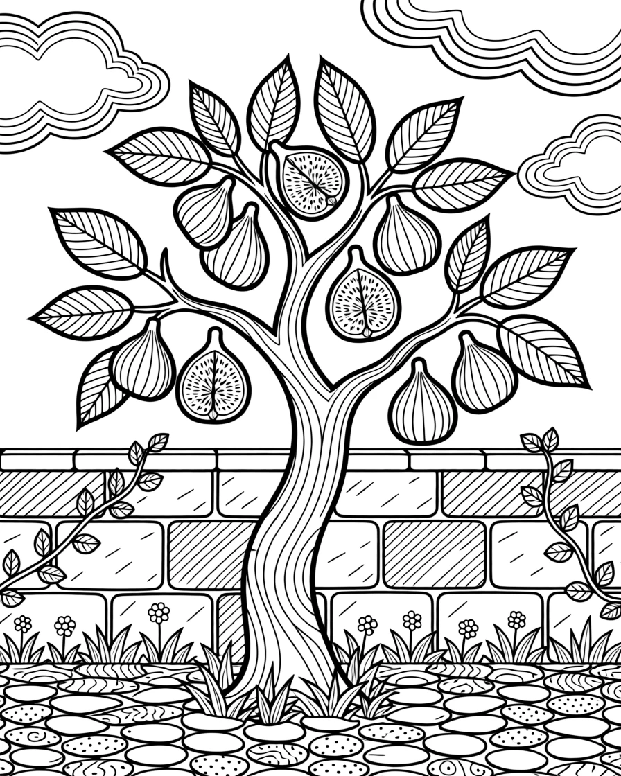 A single fig tree heavy with fruit against a Mediterranean stone wall.