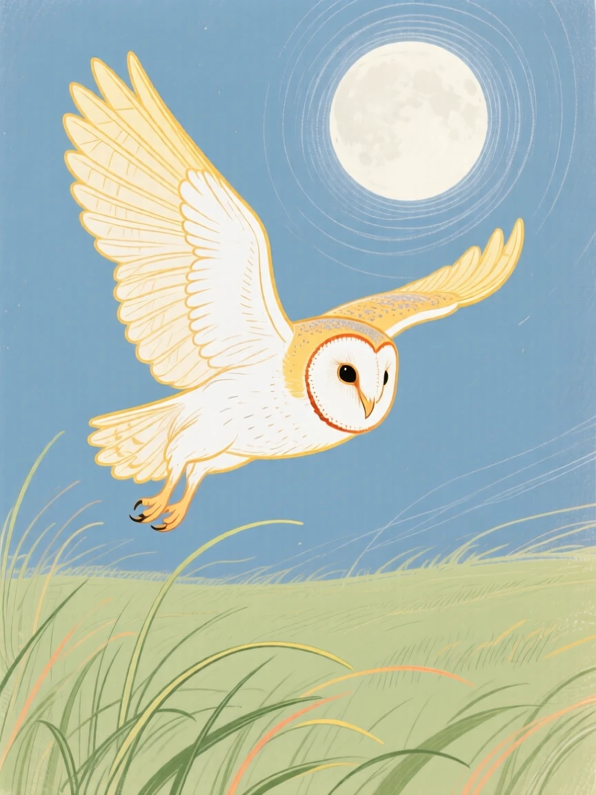A barn owl in flight over a moonlit field.