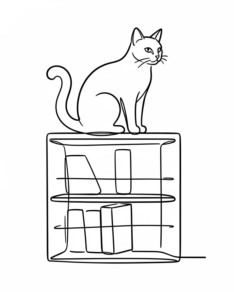 A cat perched on top of a bookshelf, watching over the room below