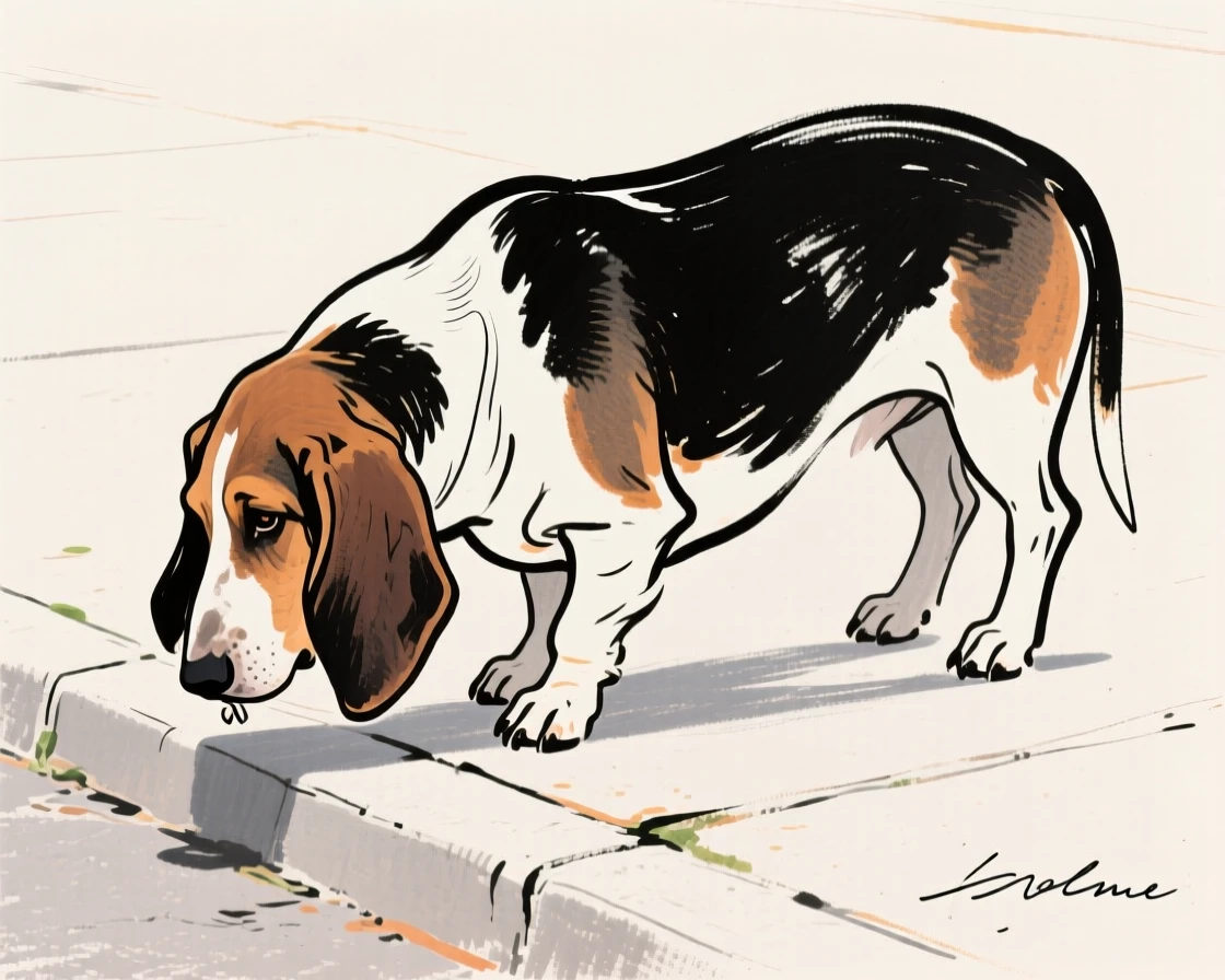 A basset hound with long ears sniffing along a sidewalk.