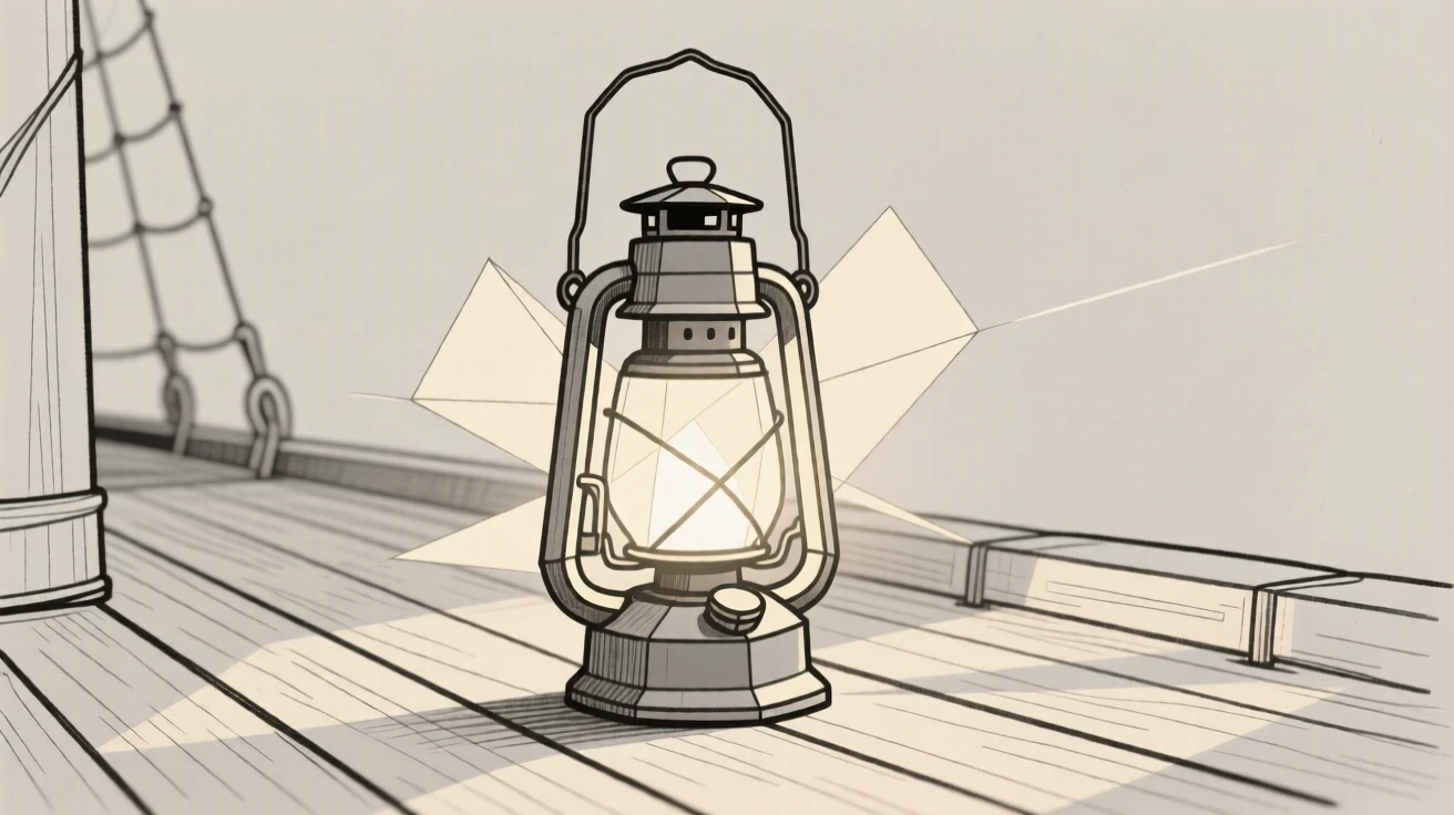 A vintage lantern glowing on a ship's deck