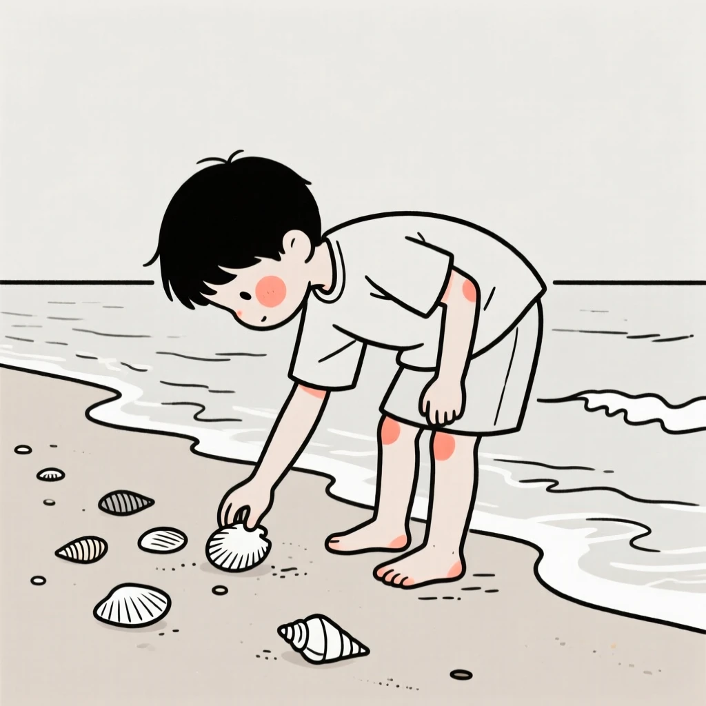 A young boy collecting seashells along the tideline.