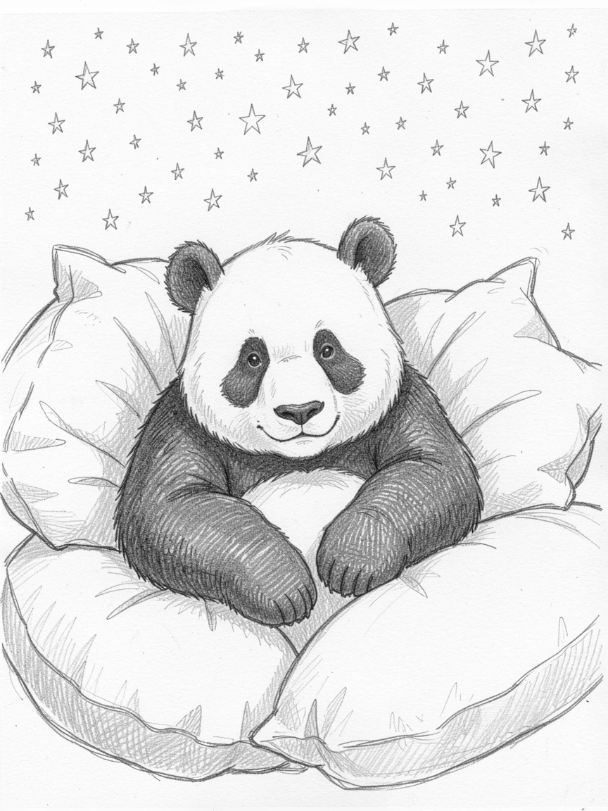 A heartwarming scene of a gentle giant panda nestled among soft pillows, beneath a sky full of stars.