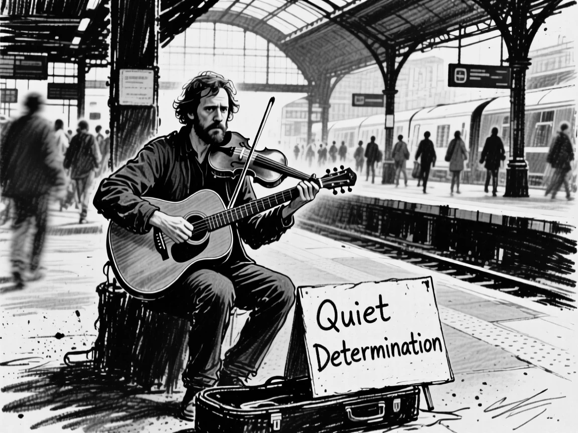 A street musician looking directly at the viewer with quiet determination, at a busy train station.