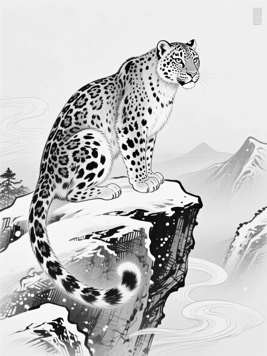 A snow leopard perched on a rocky ledge amid swirling mountain snow.