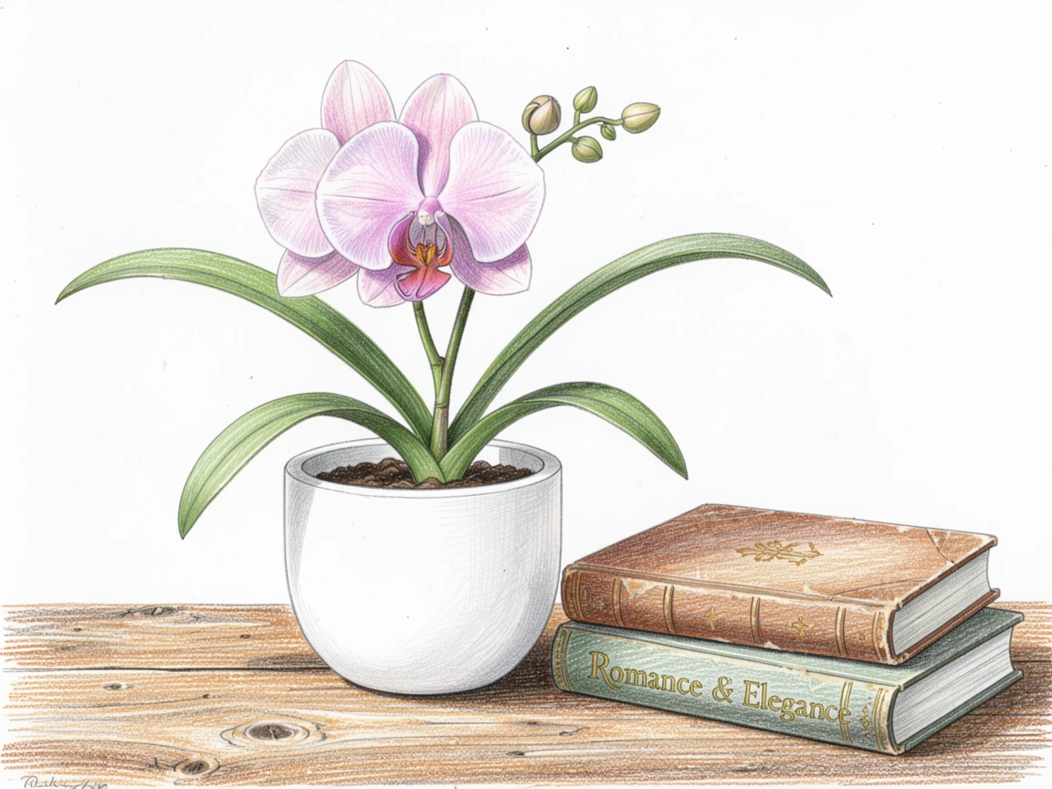 A single orchid blooming elegantly in a minimalist pot, resting on a rustic wooden table beside vintage books, evoking romance, elegance, and quiet beauty.