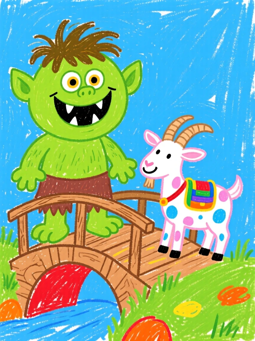 A troll guarding a bridge and befriending a traveling goat.