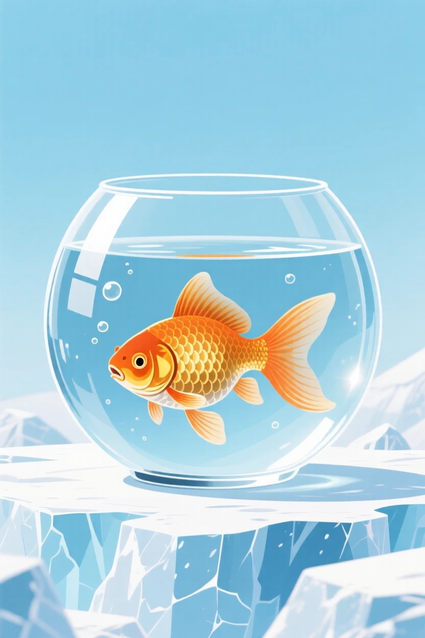 A goldfish swimming inside a round glass bowl, surrounded by icy glaciers and pale blue sky, centered in the frame with gentle negative space around it, with vivid, richly saturated colors that pop.