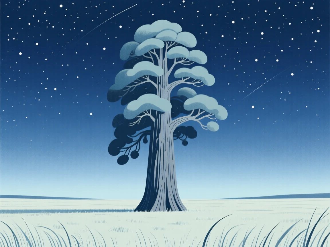 A towering giant sequoia standing alone in an open field under a star-filled sky.