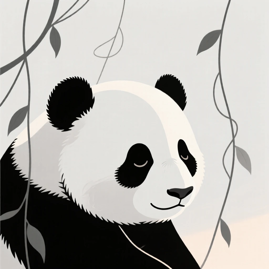 A close-up view of a panda cub waking slowly at dawn, surrounded by hanging vines, full of wild freedom.