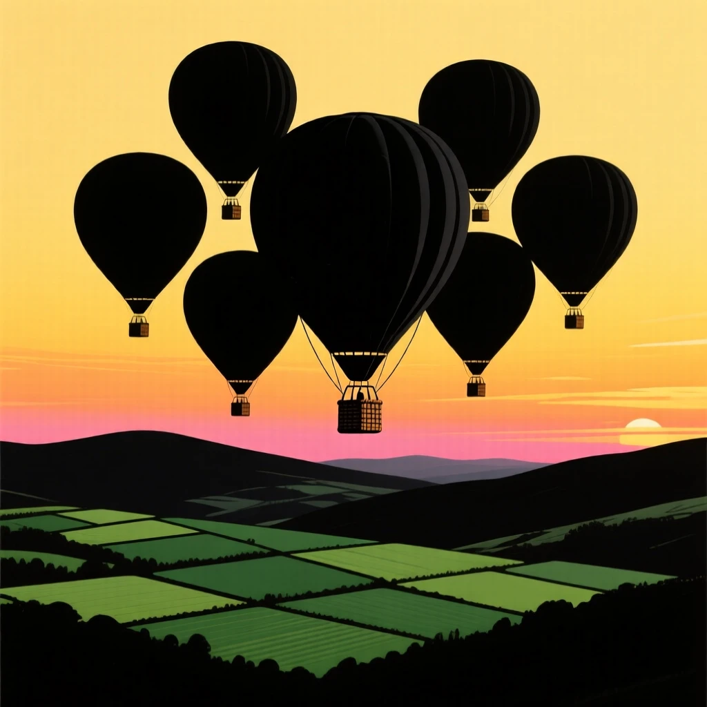 A cluster of hot air balloons drifting silently over a green patchwork valley.