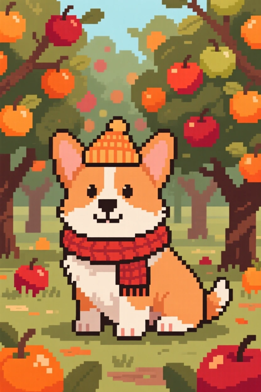 A fluffy corgi puppy wearing a tiny knitted scarf and hat, in an orchard heavy with ripe fruit.