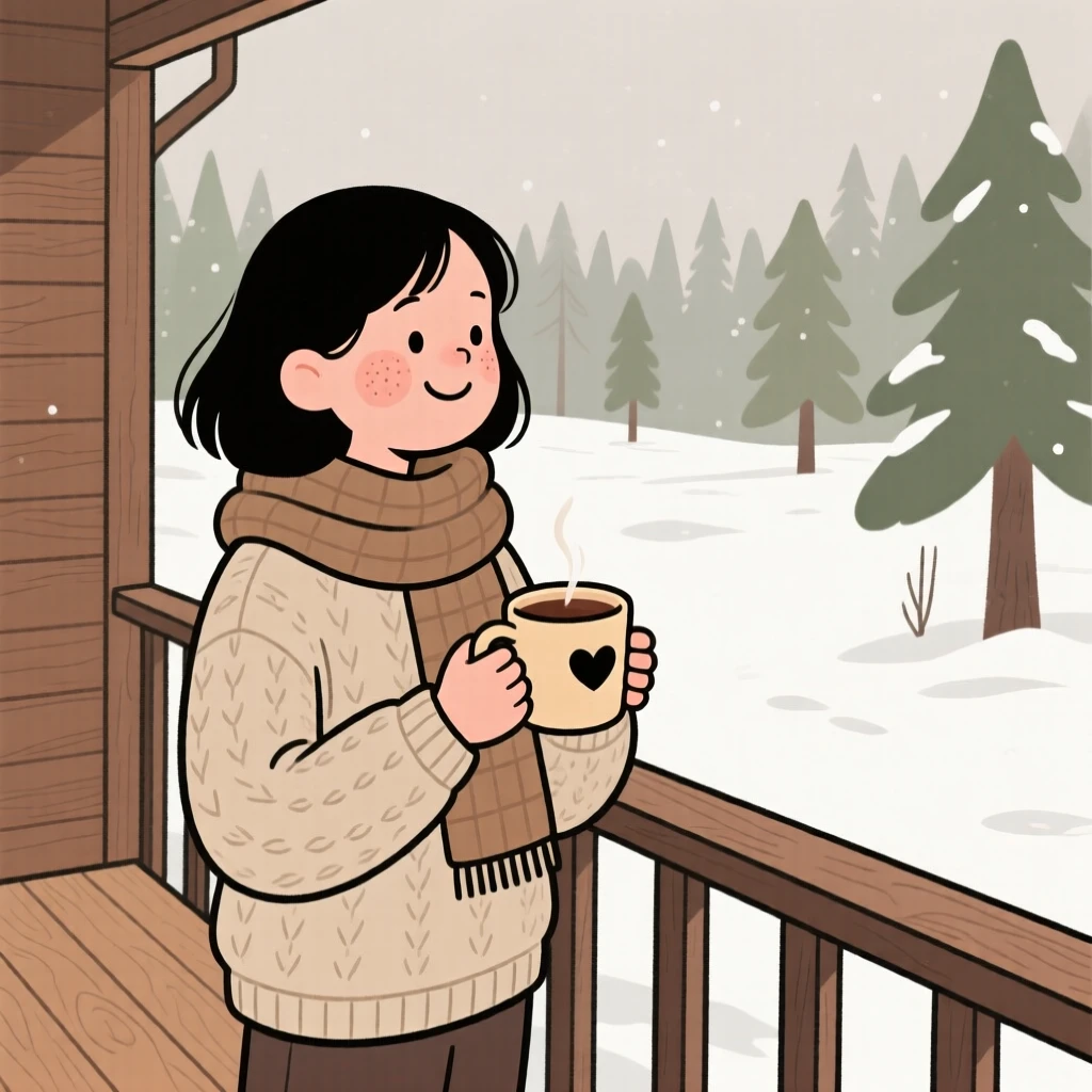 Snow blankets a forest clearing while a young woman watches from a snug porch, a mug of hot cocoa warming their hands.