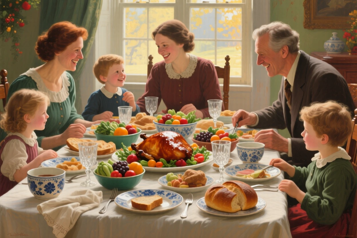 An intimate close-up of a family gathered around a table piled high with a holiday feast, in bright warm sunshine, at midday.