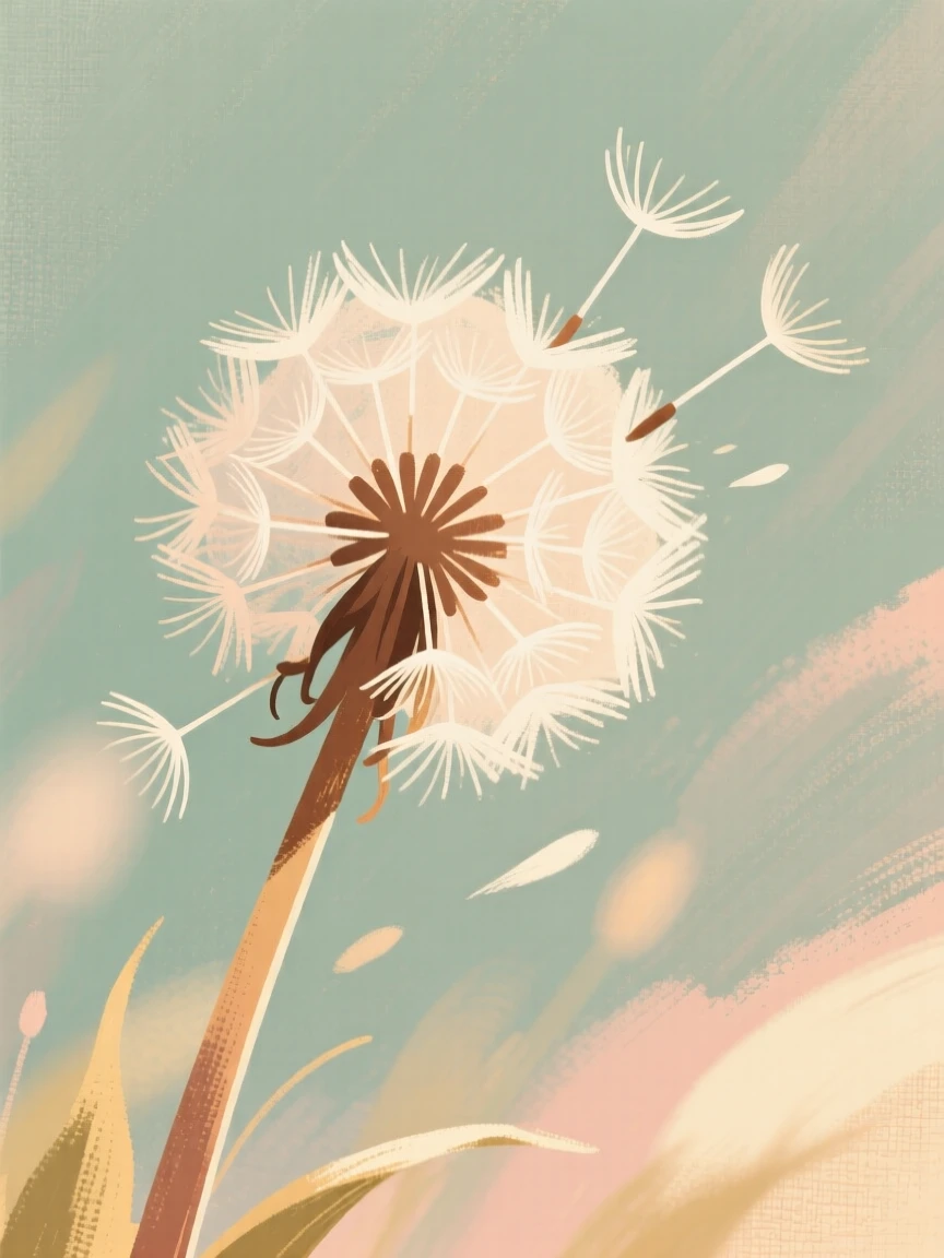 A close-up of a dandelion seed head drifting in the wind