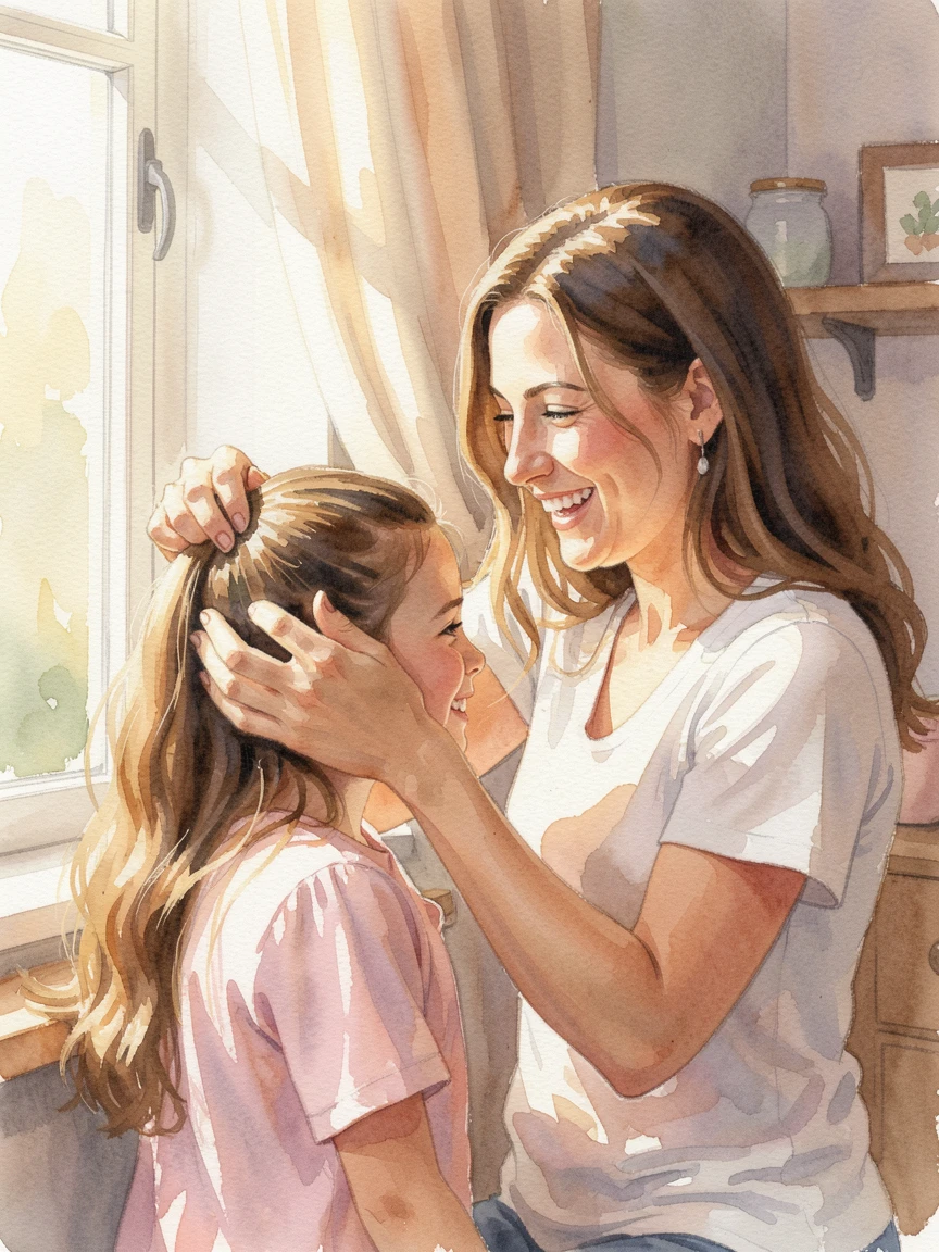 A mother braiding her daughter's hair by a sunny window with warm smiles all around.