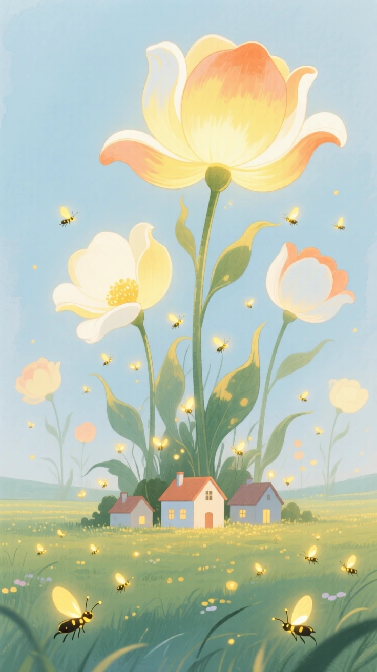 A field of giant glowing flowers taller than houses sways gently as fireflies drift between the petals