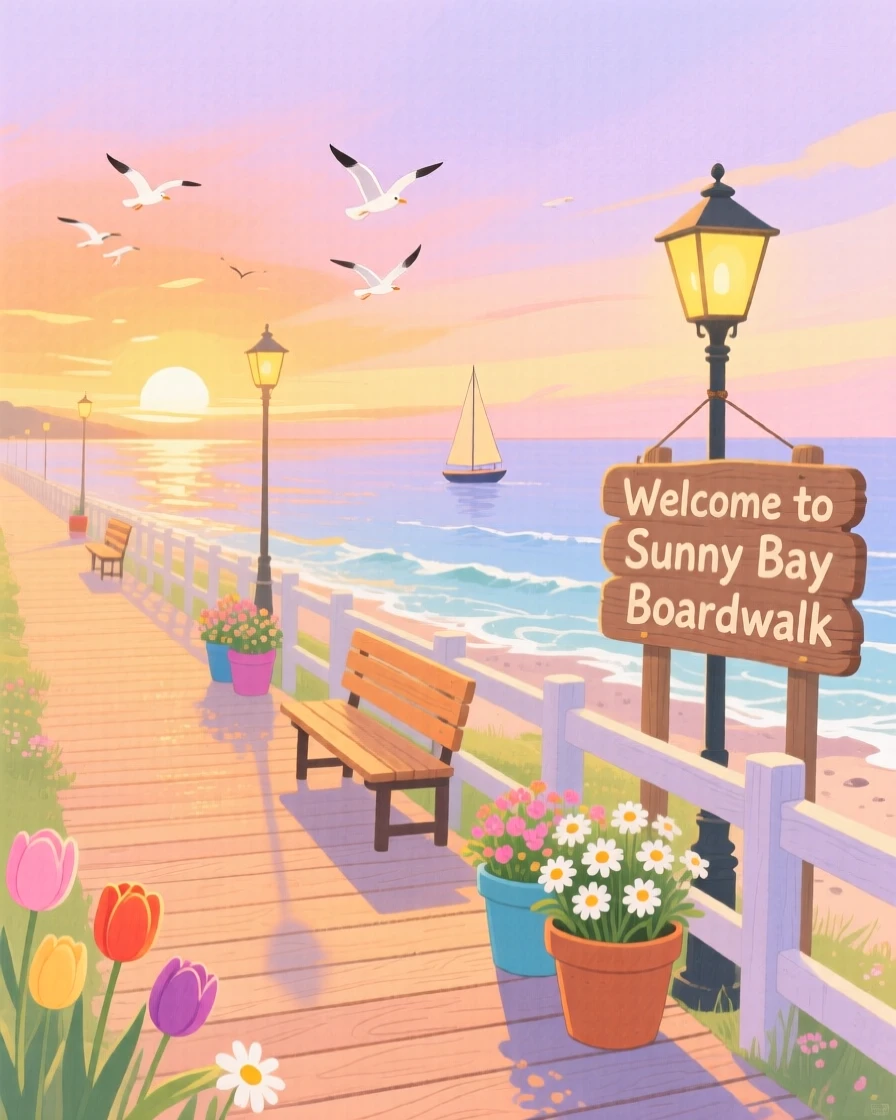 A coastal boardwalk at sunset bathed in warm light at first light in spring.