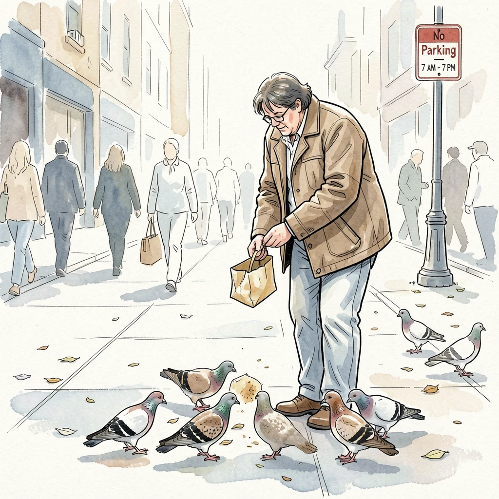 A commuter pausing on a busy city sidewalk to feed pigeons from a paper bag
