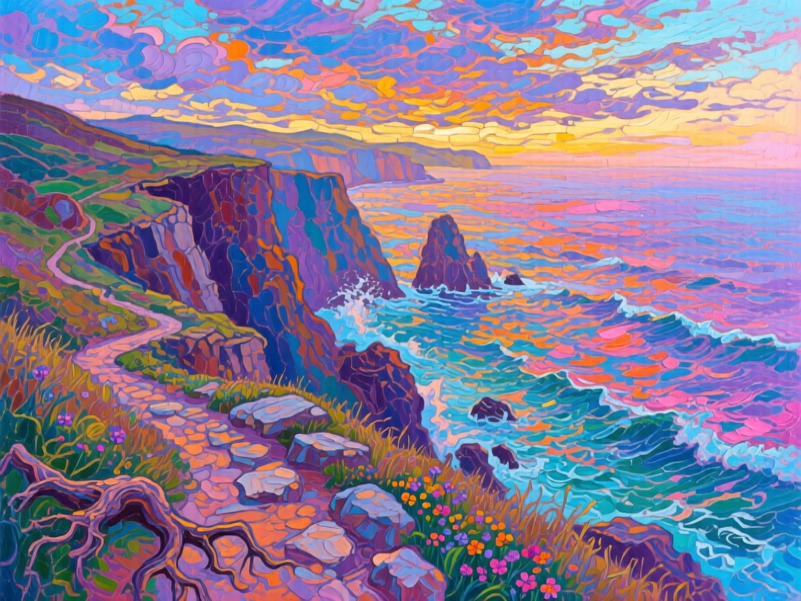 a cliffside path above a restless sea, at dawn, with layered visual detail from foreground to horizon.