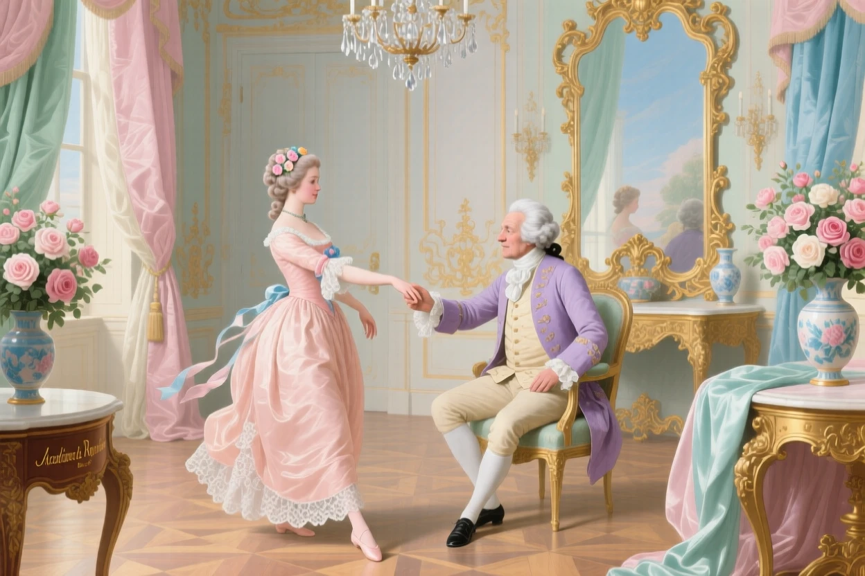A lady receiving dance instruction from an elderly master in an ornate salon  